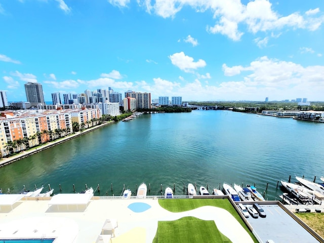 bird's eye view featuring a water view and a city view