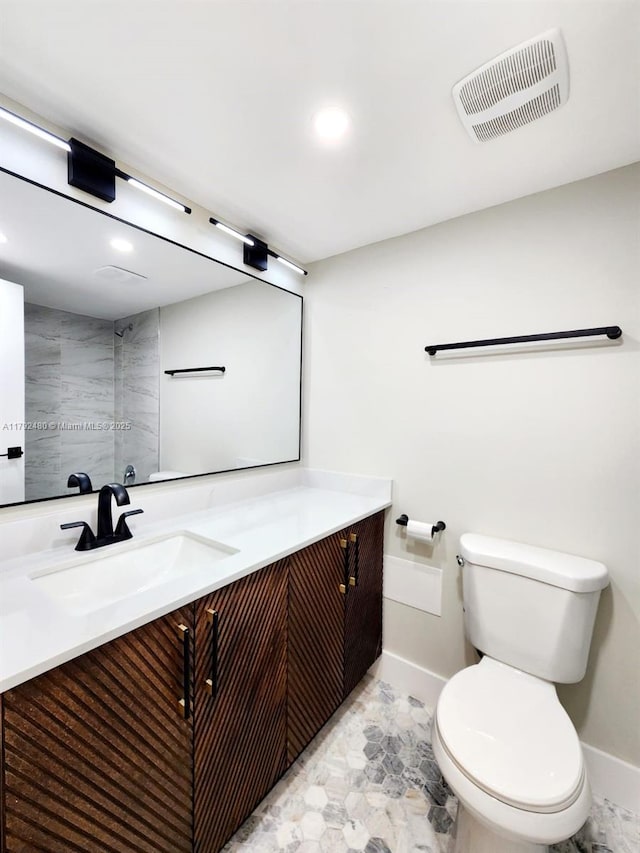 bathroom with visible vents, baseboards, toilet, recessed lighting, and vanity