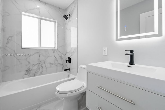 bathroom featuring bathing tub / shower combination, vanity, toilet, and marble finish floor