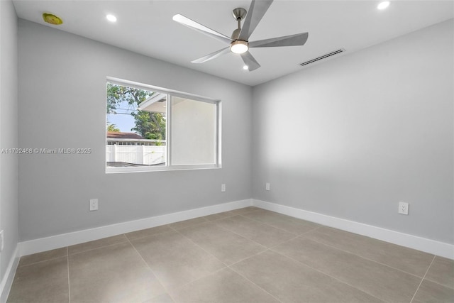 unfurnished room featuring a ceiling fan, baseboards, visible vents, and recessed lighting