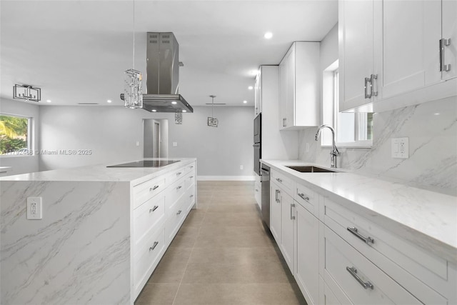 kitchen with white cabinets, a sink, dishwasher, decorative backsplash, and island exhaust hood