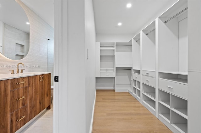 walk in closet featuring a sink and light wood-style flooring