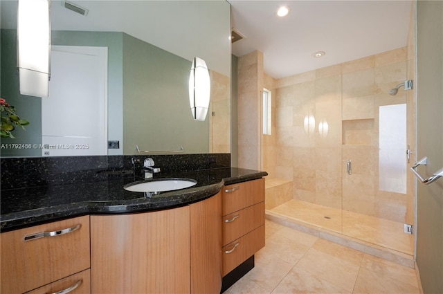 3425 Saddlebrook Ln, Weston, FL 33331 - bathroom with visible vents, vanity, tile patterned flooring, and a shower stall