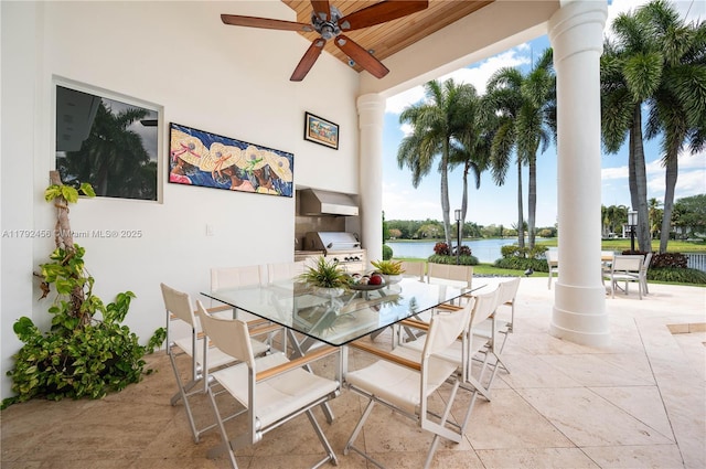 3425 Saddlebrook Ln, Weston, FL 33331 - view of patio featuring an outdoor kitchen, a ceiling fan, a water view, and outdoor dining area