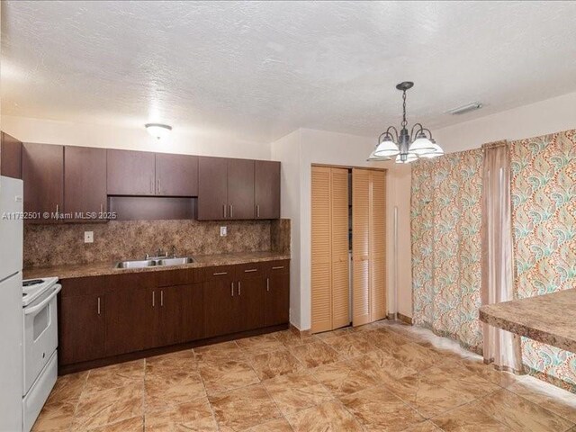 19357 NW 29th Ave, Miami Gardens, FL 33056 - kitchen with electric stove, a sink, dark brown cabinetry, tasteful backsplash, and a chandelier