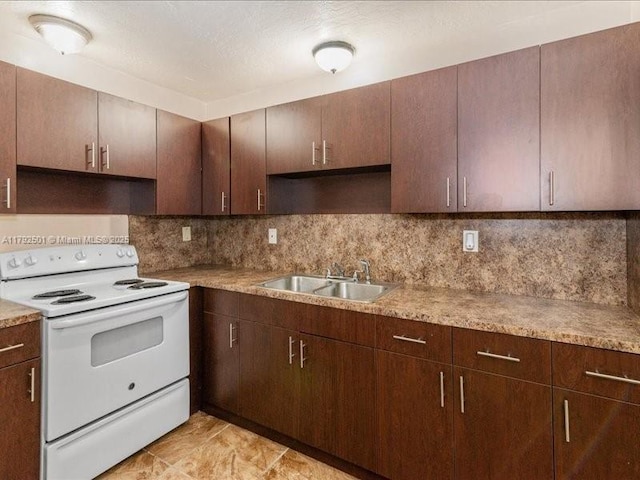 19357 NW 29th Ave, Miami Gardens, FL 33056 - kitchen with white electric stove, a sink, decorative backsplash, dark brown cabinets, and light countertops