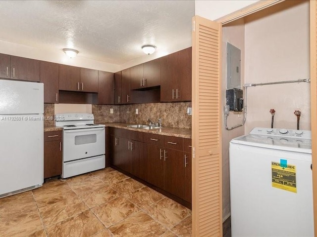 19357 NW 29th Ave, Miami Gardens, FL 33056 - kitchen with white appliances, washer / clothes dryer, a sink, and dark brown cabinets