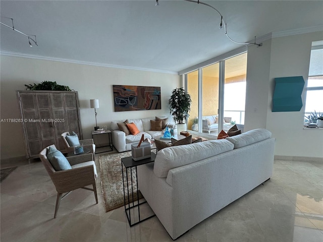 living area featuring crown molding and baseboards