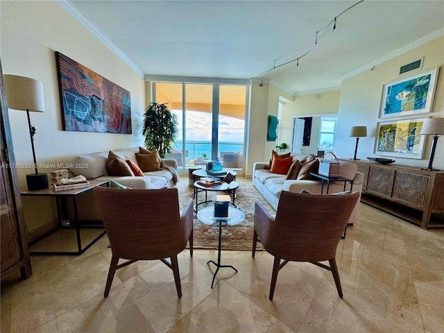 living area with visible vents and crown molding