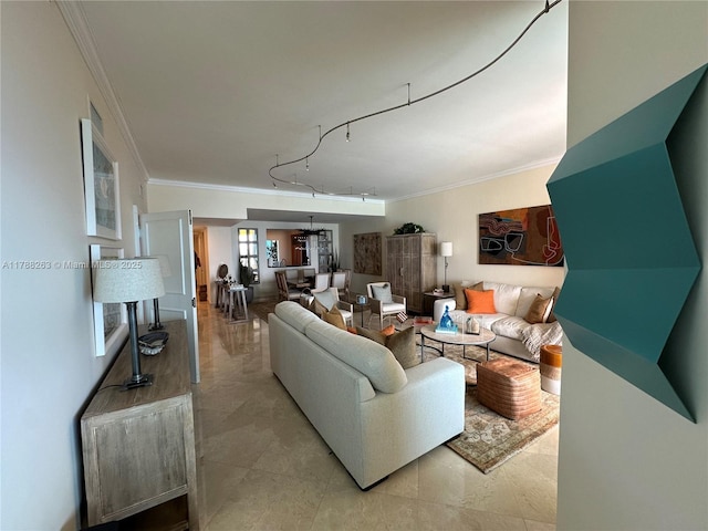 living area with crown molding and track lighting