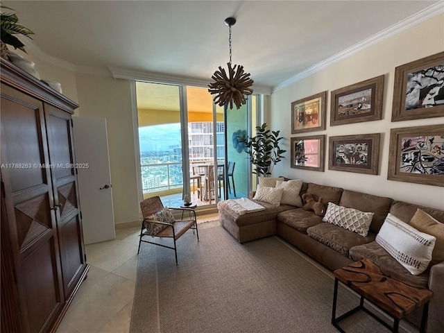 living area with light tile patterned floors, ornamental molding, and floor to ceiling windows