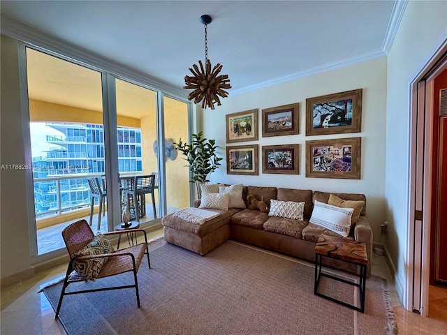 living area featuring crown molding, tile patterned flooring, and baseboards