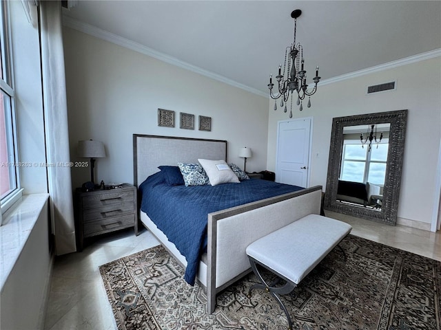 bedroom featuring visible vents, crown molding, a notable chandelier, and baseboards