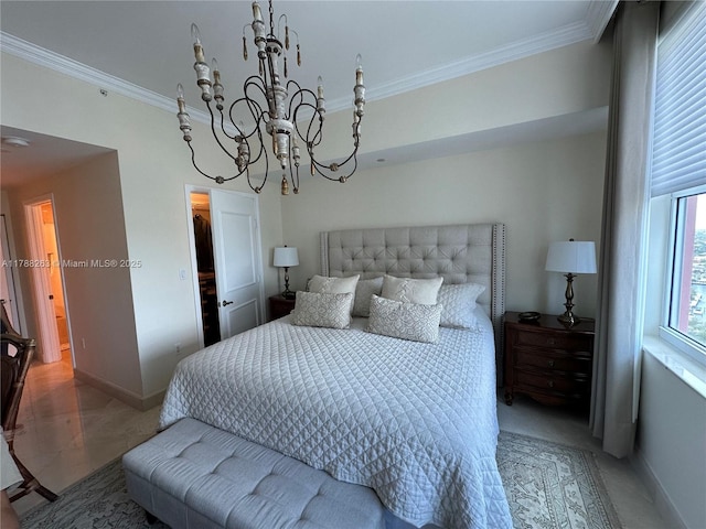 bedroom featuring a chandelier, baseboards, and crown molding