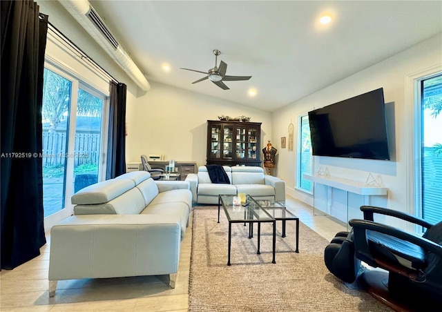 3699 Lakeview Blvd, Delray Beach, FL 33445 - living room with a ceiling fan, recessed lighting, vaulted ceiling, light wood-type flooring, and visible vents