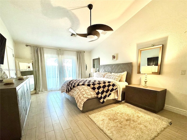 3699 Lakeview Blvd, Delray Beach, FL 33445 - bedroom featuring ceiling fan, visible vents, wood finished floors, lofted ceiling, and access to outside