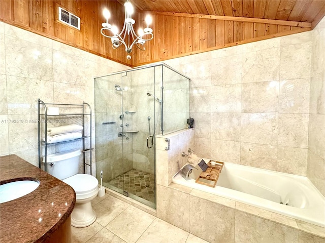 3699 Lakeview Blvd, Delray Beach, FL 33445 - bathroom with wooden ceiling, tile patterned flooring, vaulted ceiling, and tile walls