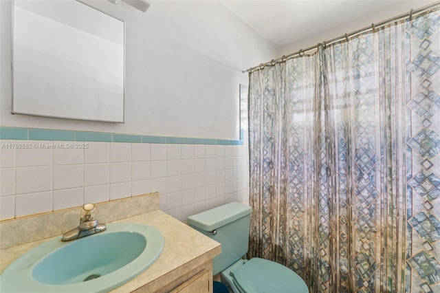 744 NW 7th St, Hallandale Beach, FL 33009 - full bath with toilet, tile walls, a shower with shower curtain, and vanity
