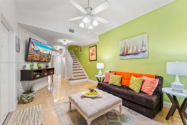 4971 Leeward Ln Unit 3004, Dania Beach, FL 33312 - living room featuring visible vents, a ceiling fan, stairs, and baseboards