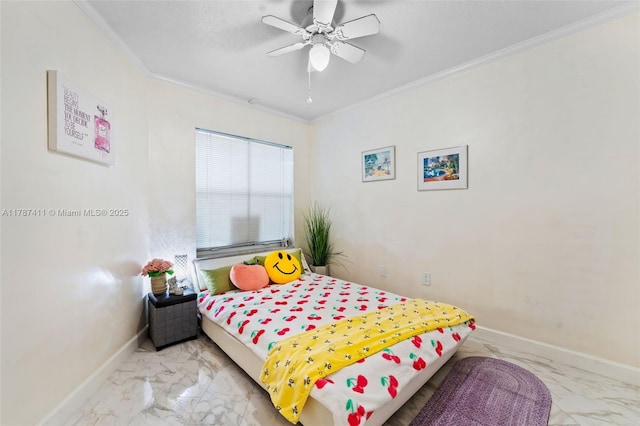 4971 Leeward Ln Unit 3004, Dania Beach, FL 33312 - bedroom featuring baseboards, ornamental molding, marble finish floor, and a ceiling fan