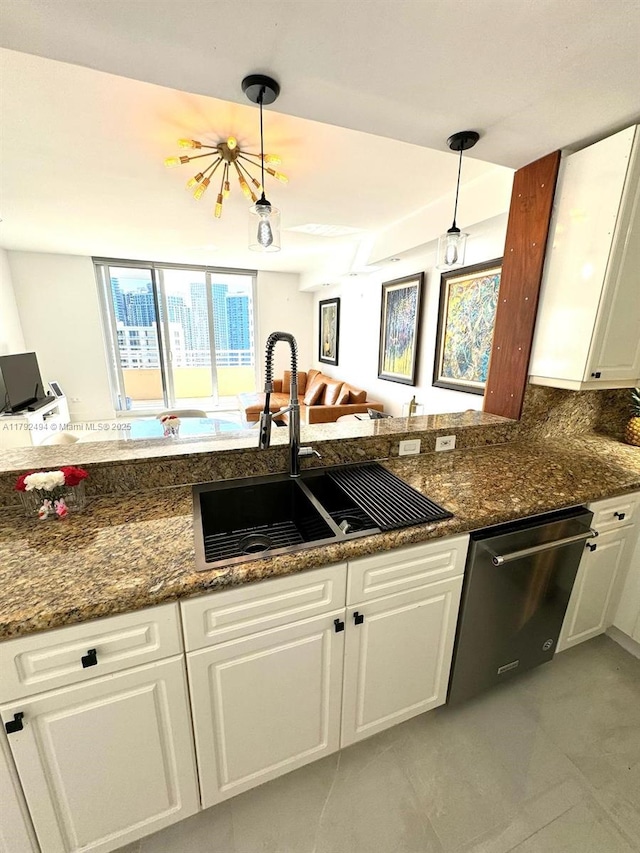 808 Brickell Key Dr Unit 3007, Miami, FL 33131 - kitchen with dishwasher, a sink, white cabinetry, decorative light fixtures, and light tile patterned floors