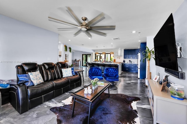 7864 SW 179th Ter, Palmetto Bay, FL 33157 - living room featuring a ceiling fan, recessed lighting, finished concrete floors, and visible vents