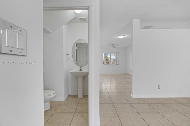330 SW 2nd Ave Unit 3, Hallandale Beach, FL 33009 - bathroom featuring tile patterned flooring, toilet, a ceiling fan, baseboards, and visible vents