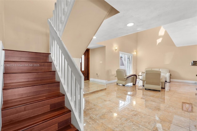5933 SW 151st Pl, Miami, FL 33193 - staircase featuring baseboards, marble tiled flooring, and recessed lighting
