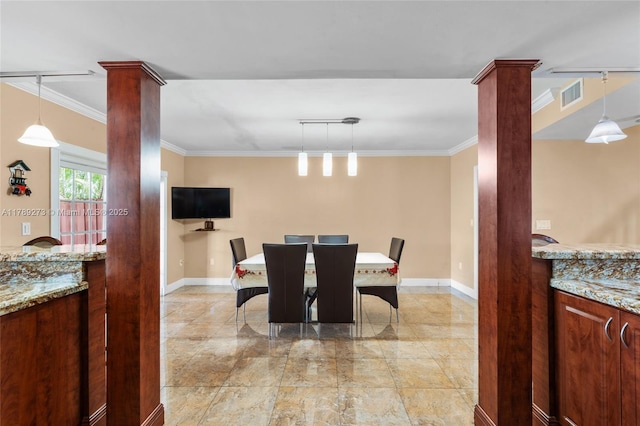 5933 SW 151st Pl, Miami, FL 33193 - dining space featuring ornate columns, ornamental molding, baseboards, and light marble finish floors