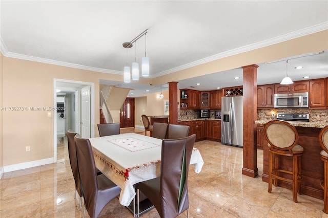 5933 SW 151st Pl, Miami, FL 33193 - dining room featuring ornate columns, ornamental molding, baseboards, and recessed lighting