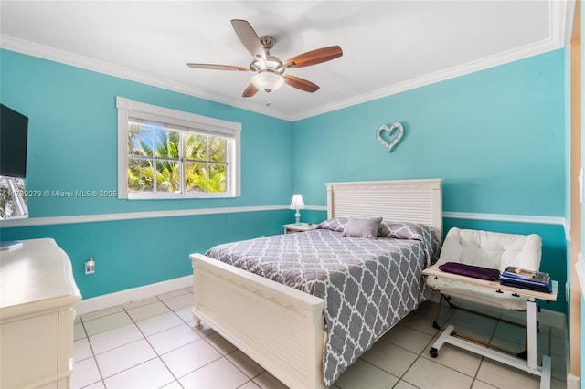 5933 SW 151st Pl, Miami, FL 33193 - bedroom featuring light tile patterned flooring, ornamental molding, a ceiling fan, and baseboards