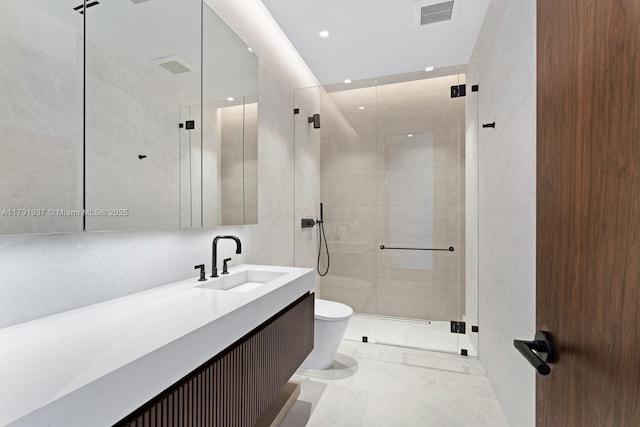 11404 N Bayshore Dr, North Miami, FL 33181 - bathroom with a shower stall, vanity, toilet, and marble finish flooring