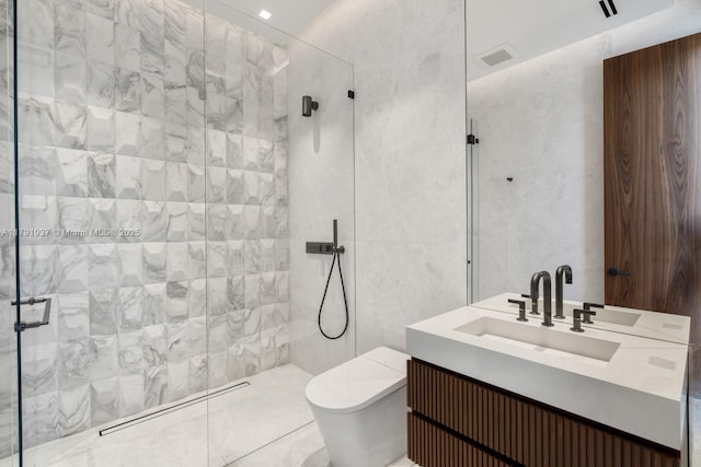 11404 N Bayshore Dr, North Miami, FL 33181 - bathroom featuring toilet, a stall shower, vanity, and tile walls