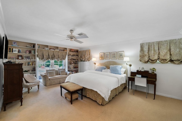 141 Island Dr, Key Biscayne, FL 33149 - bedroom with crown molding, a ceiling fan, visible vents, and light carpet