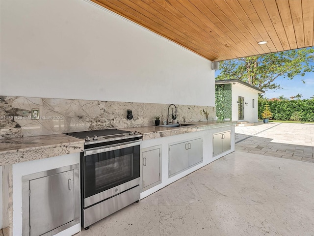 kitchen with stainless steel range with electric stovetop, light countertops, wood ceiling, tasteful backsplash, and a sink
