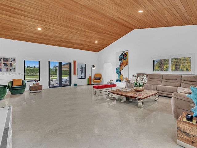 living room featuring recessed lighting, wood ceiling, concrete flooring, and high vaulted ceiling