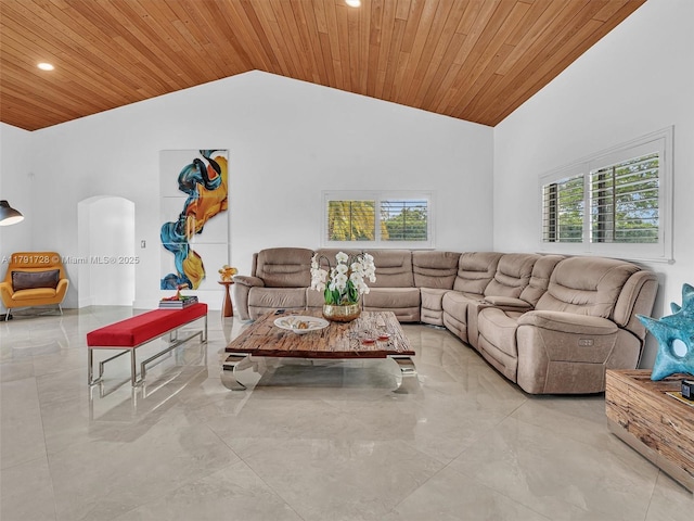 living room with recessed lighting, arched walkways, high vaulted ceiling, and wooden ceiling