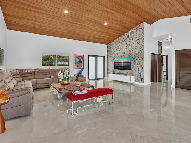 living room with high vaulted ceiling, visible vents, wood ceiling, and marble finish floor
