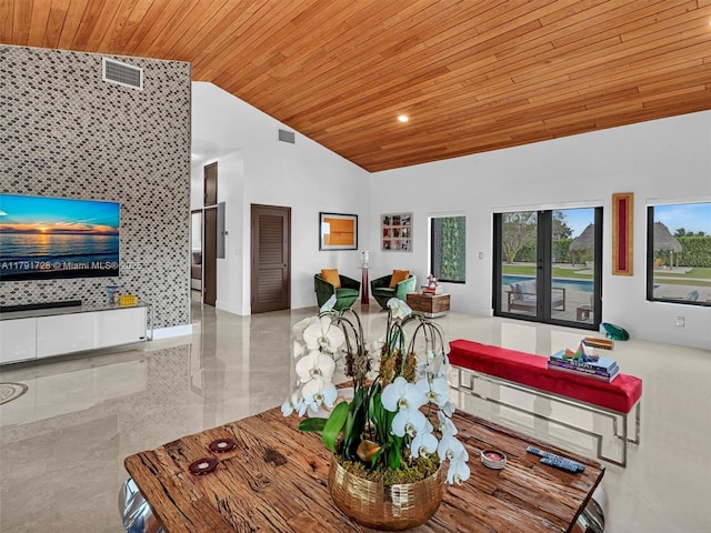 dining room featuring vaulted ceiling, wooden ceiling, and visible vents