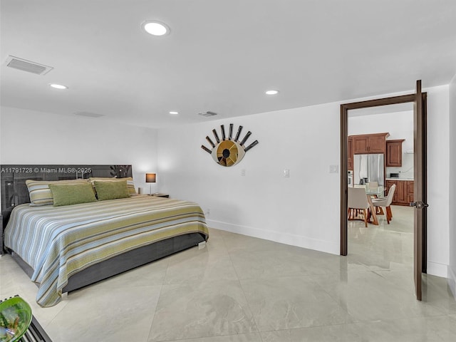 bedroom with recessed lighting, stainless steel refrigerator with ice dispenser, and visible vents