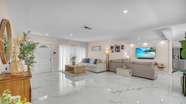 living room featuring baseboards, visible vents, recessed lighting, and marble finish floor