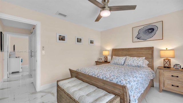 bedroom featuring visible vents, marble finish floor, baseboards, and ceiling fan
