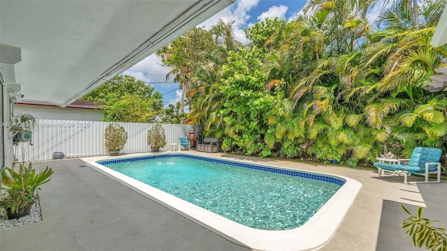 view of swimming pool with a fenced in pool, fence, and a patio