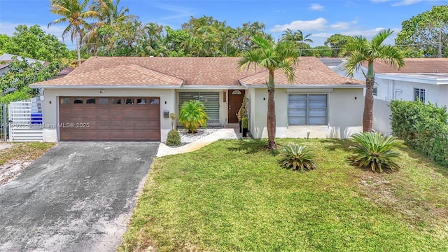 single story home featuring a garage, aphalt driveway, a front lawn, and stucco siding