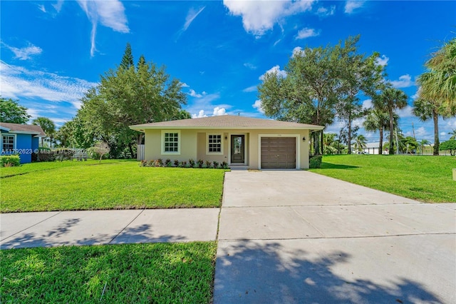 ranch-style home with stucco siding, an attached garage, driveway, and a front lawn