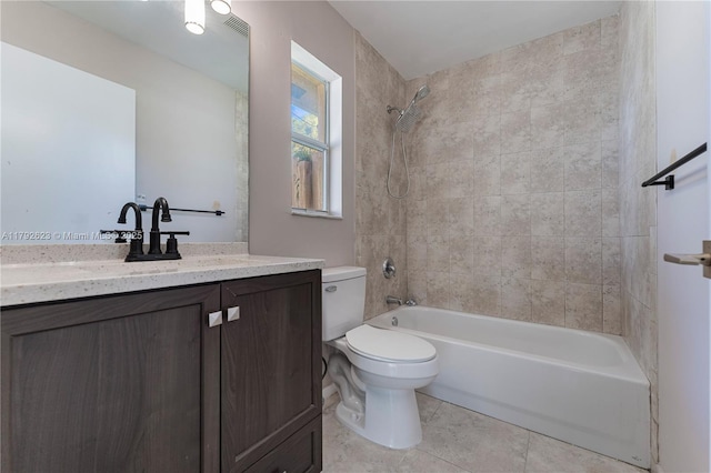 bathroom with visible vents, shower / washtub combination, tile patterned floors, vanity, and toilet