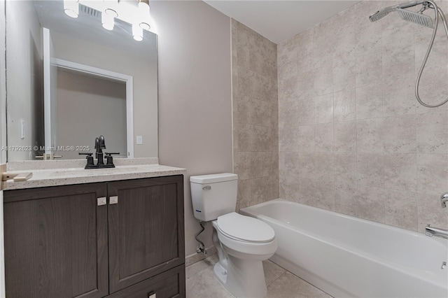 full bathroom featuring visible vents, bathtub / shower combination, tile patterned floors, vanity, and toilet
