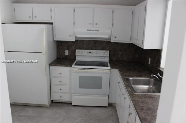11905 NE 2nd Ave Unit C206, North Miami, FL 33161 - kitchen with white cabinets, dark countertops, a sink, white appliances, and range hood