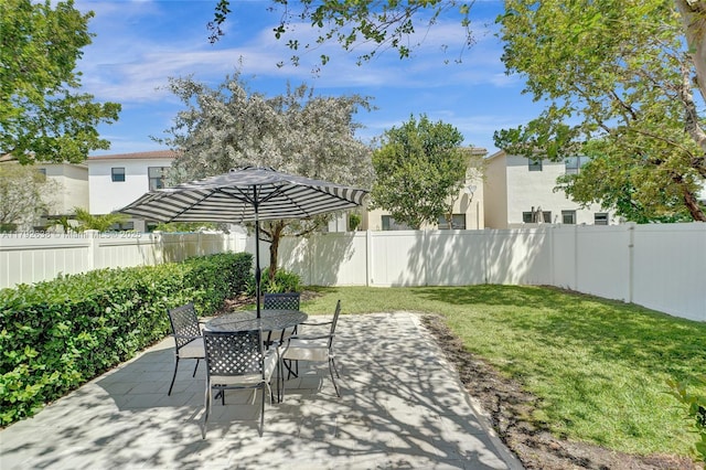 view of patio / terrace featuring a fenced backyard and outdoor dining space