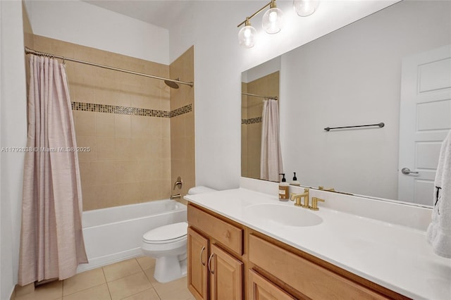 full bathroom featuring vanity, tile patterned flooring, toilet, and shower / tub combo with curtain